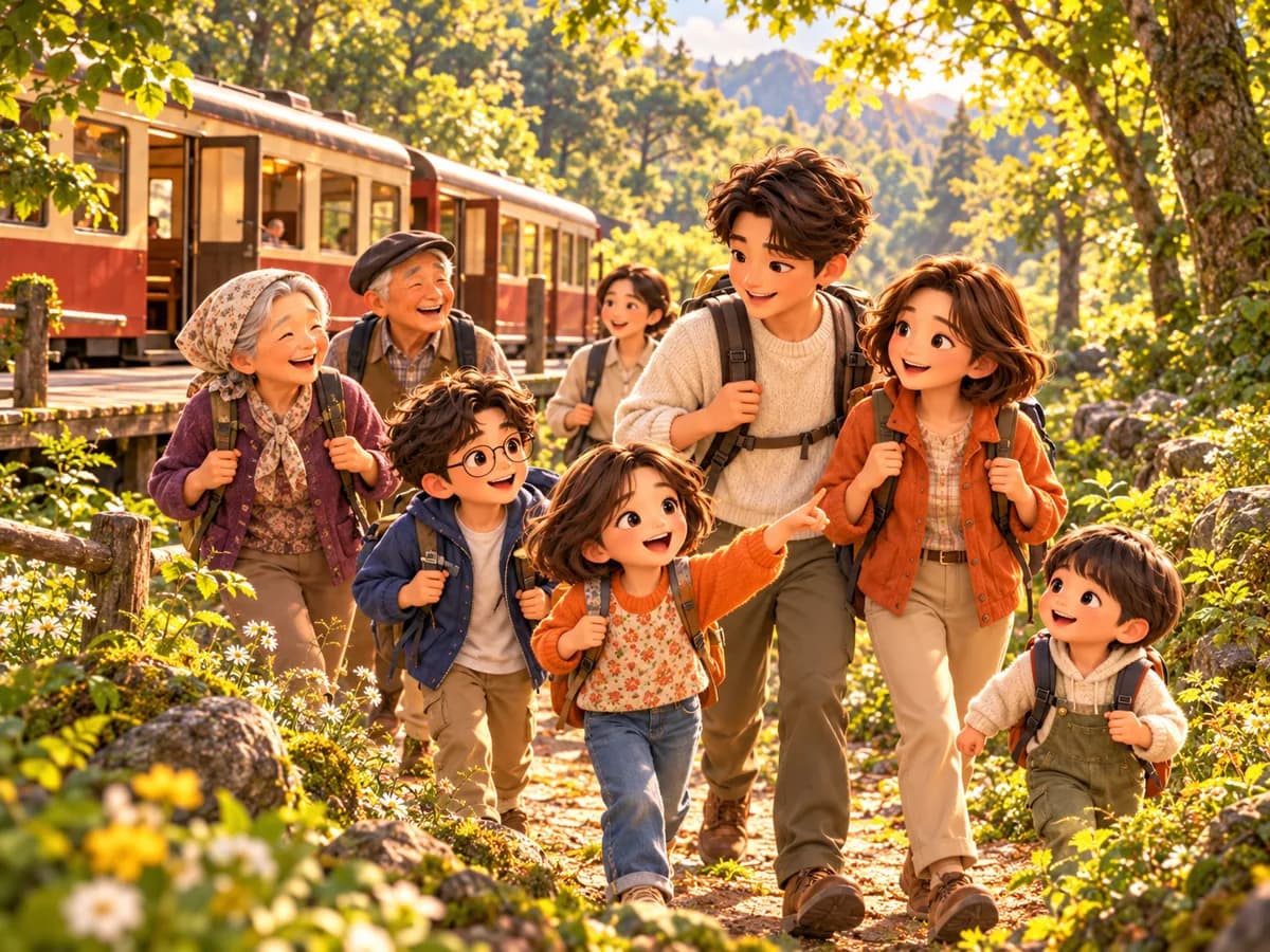 기차역에서 내려 숲길을 걷는 가족을 그린 AI 그림