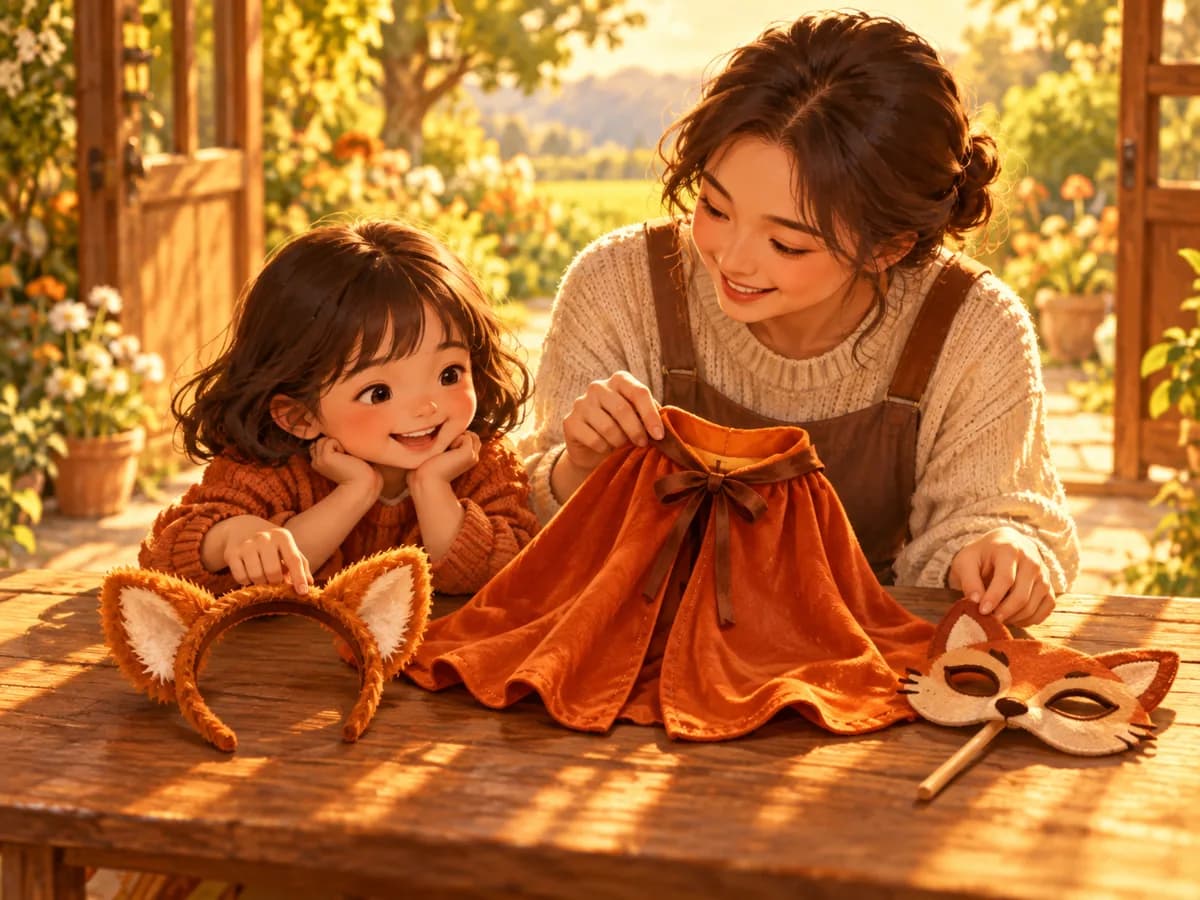 할로윈 분장 소품을 준비하는 어린이 장면을 그린 AI 그림