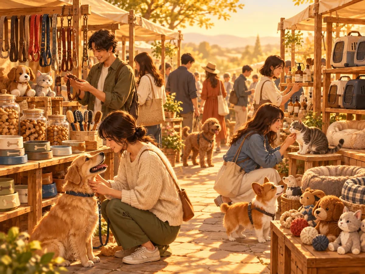 펫페어 부스를 둘러보는 사람들을 그린 AI 그림