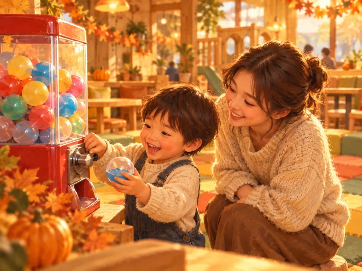 실내 놀이 공간에서 보호자와 뽑기를 즐기는 아이의 모습을 그린 AI 그림