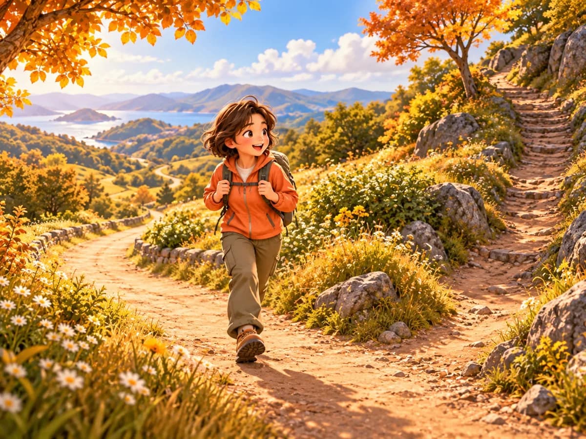 바람막이를 입고 오름길을 걷는 여행 장면을 그린 AI 그림