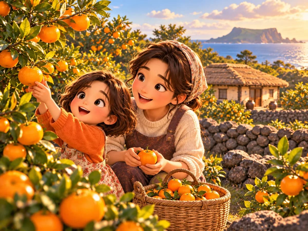 감귤나무 사이를 걷는 가족을 그린 AI 그림