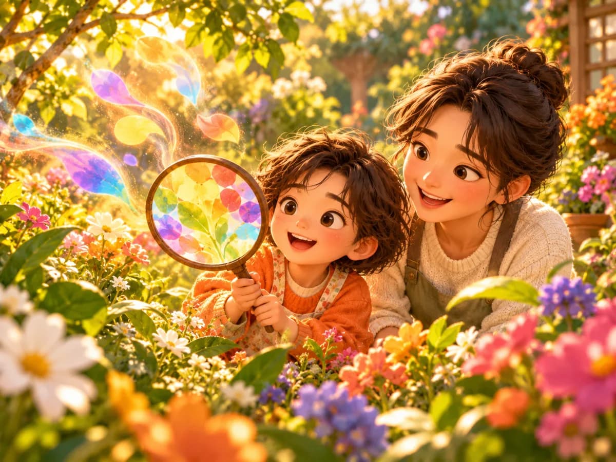 상상 속 디지털 정원 체험을 하는 가족을 그린 AI 그림