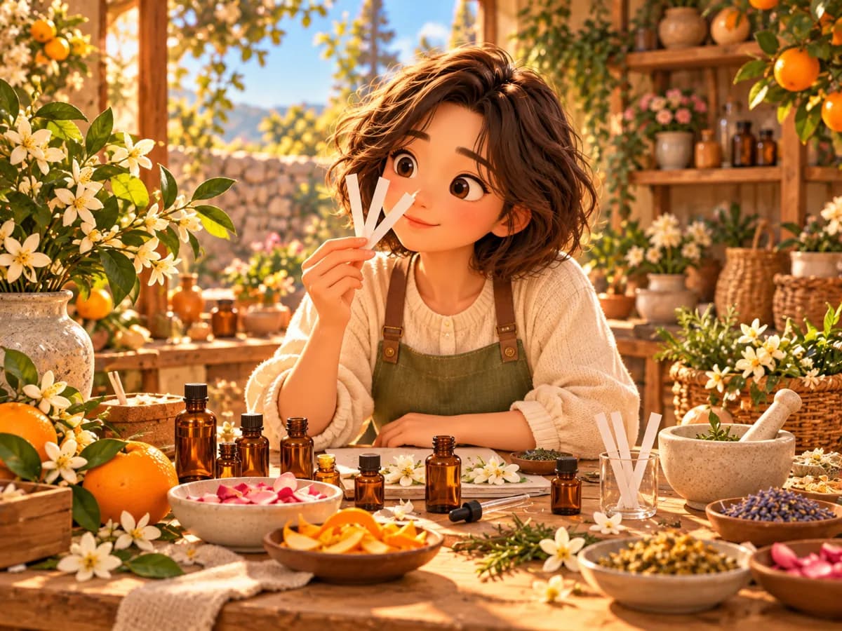 향 시향지를 살펴보는 여행 장면을 그린 AI 그림
