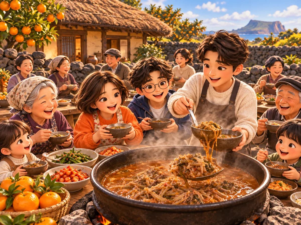 제주 돌담 마당에서 이웃들이 큰 솥의 고사리국을 나눠 먹는 모습을 그린 AI 그림